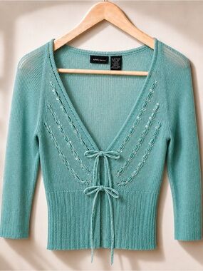 Vintage Mix It Petite Aqua Velvet Ribbon Sequin Sweater Y2K Coquette Size S
